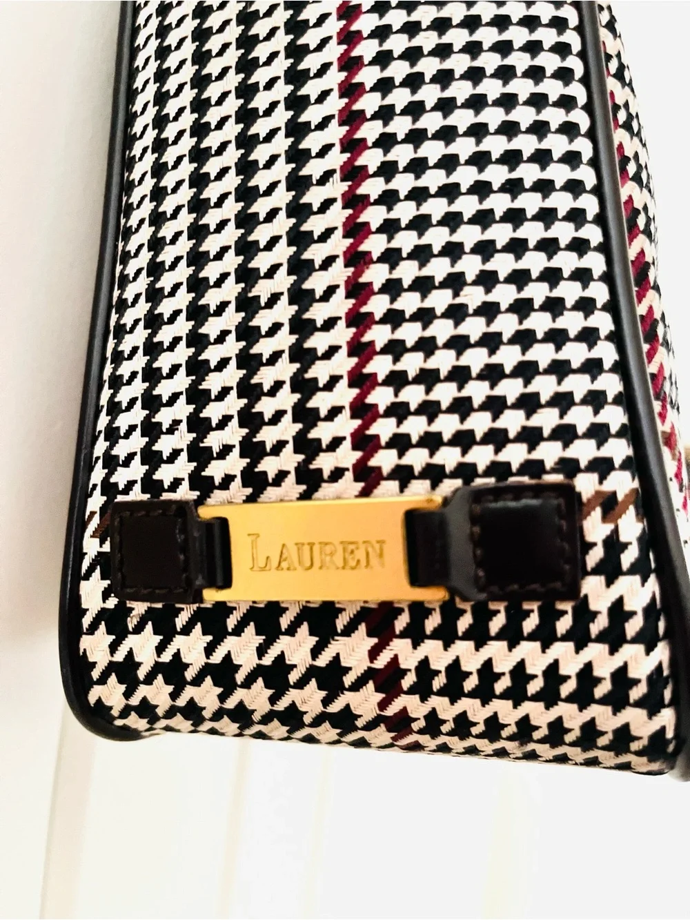 Lauren Ralph Lauren Vintage Houndstooth Tote Bag with Gold Accents